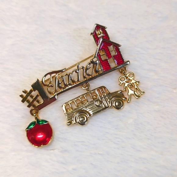 Vintage Goldtone and Red Enamel #1 TEACHER Brooche - Picture 6 of 6